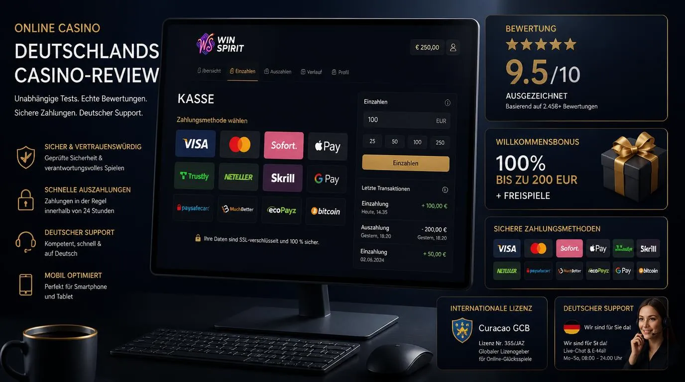 Casino-Kassenansicht mit Bewertungsanzeige, Willkommensbonus und sicherer Zahlungsoption