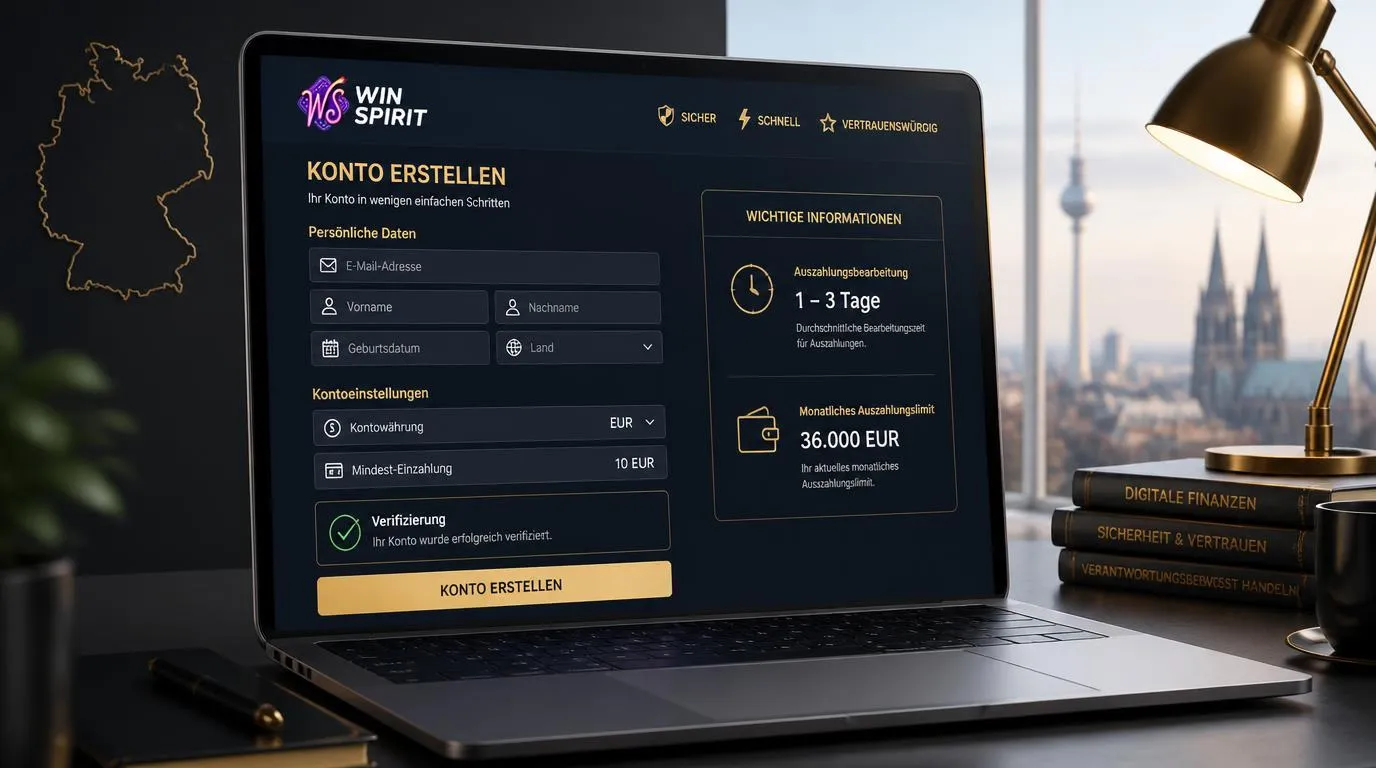 Registrierungsformular eines Online-Casinos mit Angaben zu Währung, Einzahlung und Kontoverifizierung