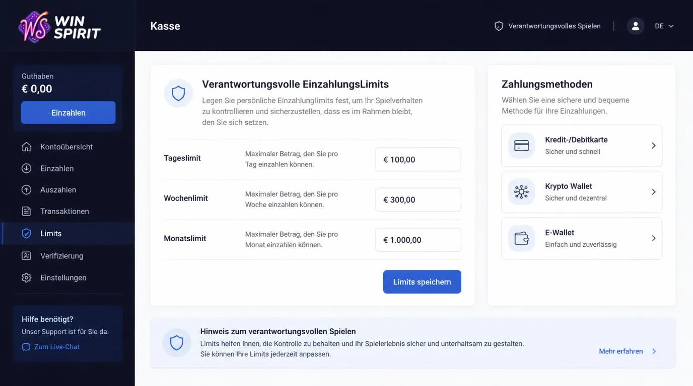 Casino-Kassenansicht mit Eingabefeldern für tägliche, wöchentliche und monatliche Einzahlungslimits