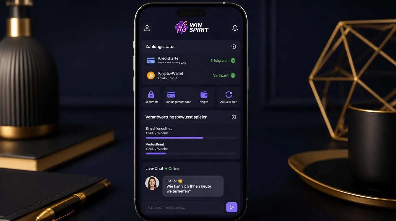 Smartphone mit Casino-Kasse, Live-Chat und Anzeige für sichere mobile Zahlung