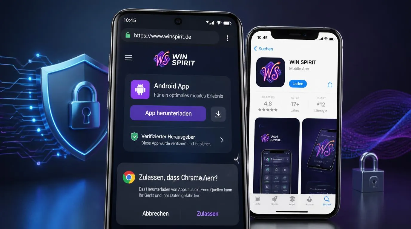 Smartphone mit offizieller App-Downloadseite, HTTPS-Symbol und Android-Berechtigungseinstellung