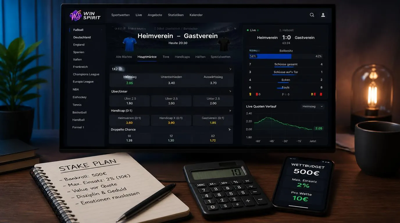 Sportwetten-Ansicht mit Quotenvergleich, Live-Spielstatistiken und festem Einsatzbudget