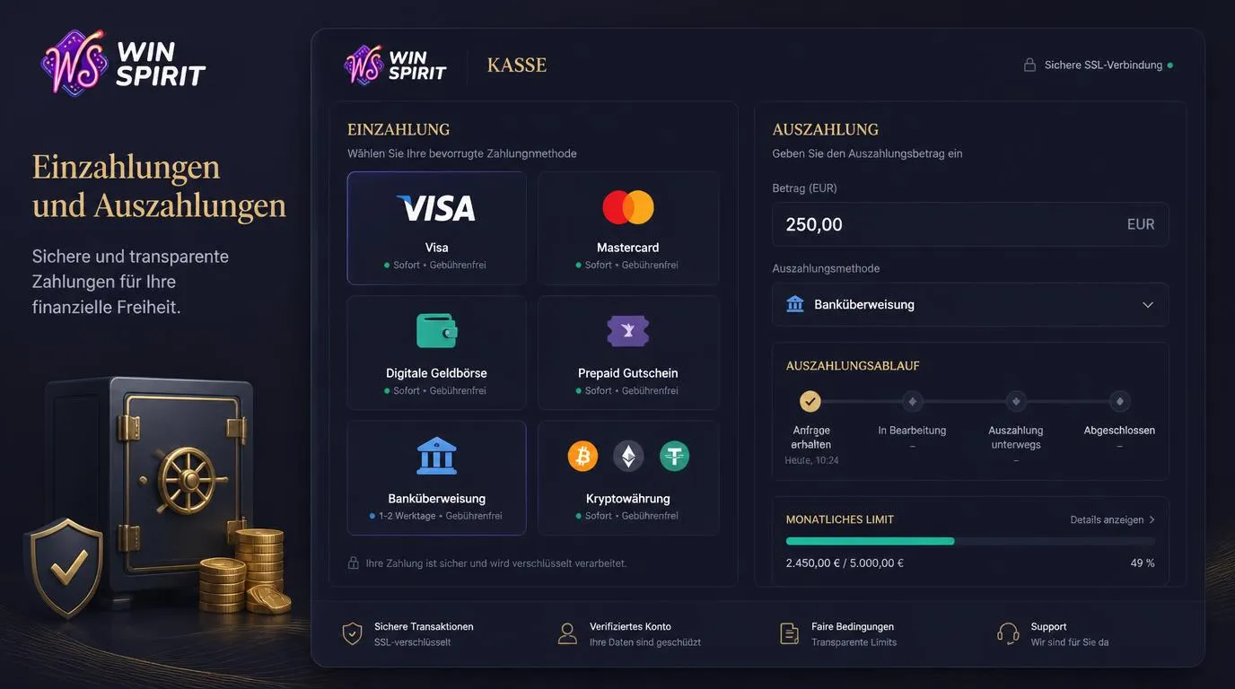 Kassenbereich eines Online-Casinos mit Karten, E-Wallets, Kryptowährungen und Auszahlungsübersicht