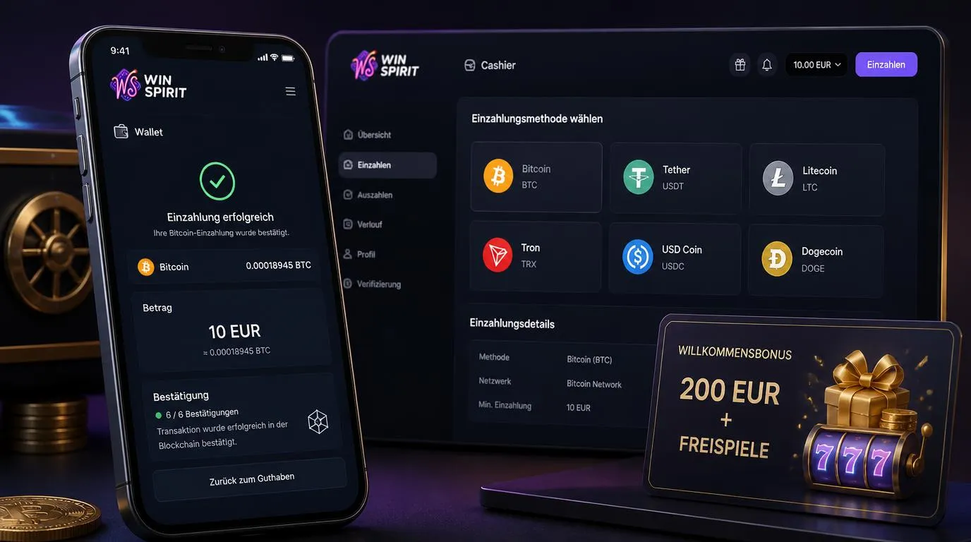 Krypto-Wallet auf dem Smartphone mit bestätigter Bitcoin-Einzahlung im Casino-Kassenbereich
