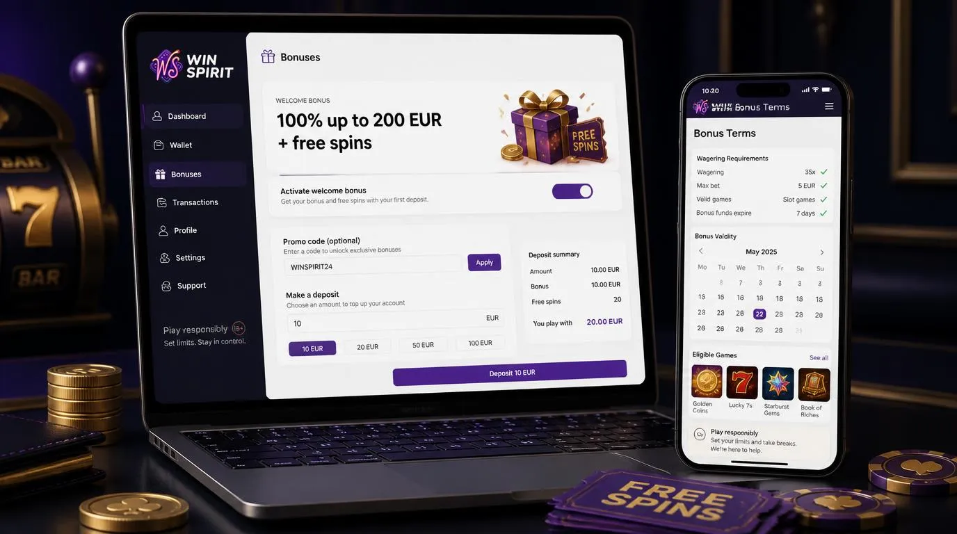 Bonusbereich eines Online-Casinos mit aktivierter Einzahlung, Gutscheinfeld und angezeigten Freispielen