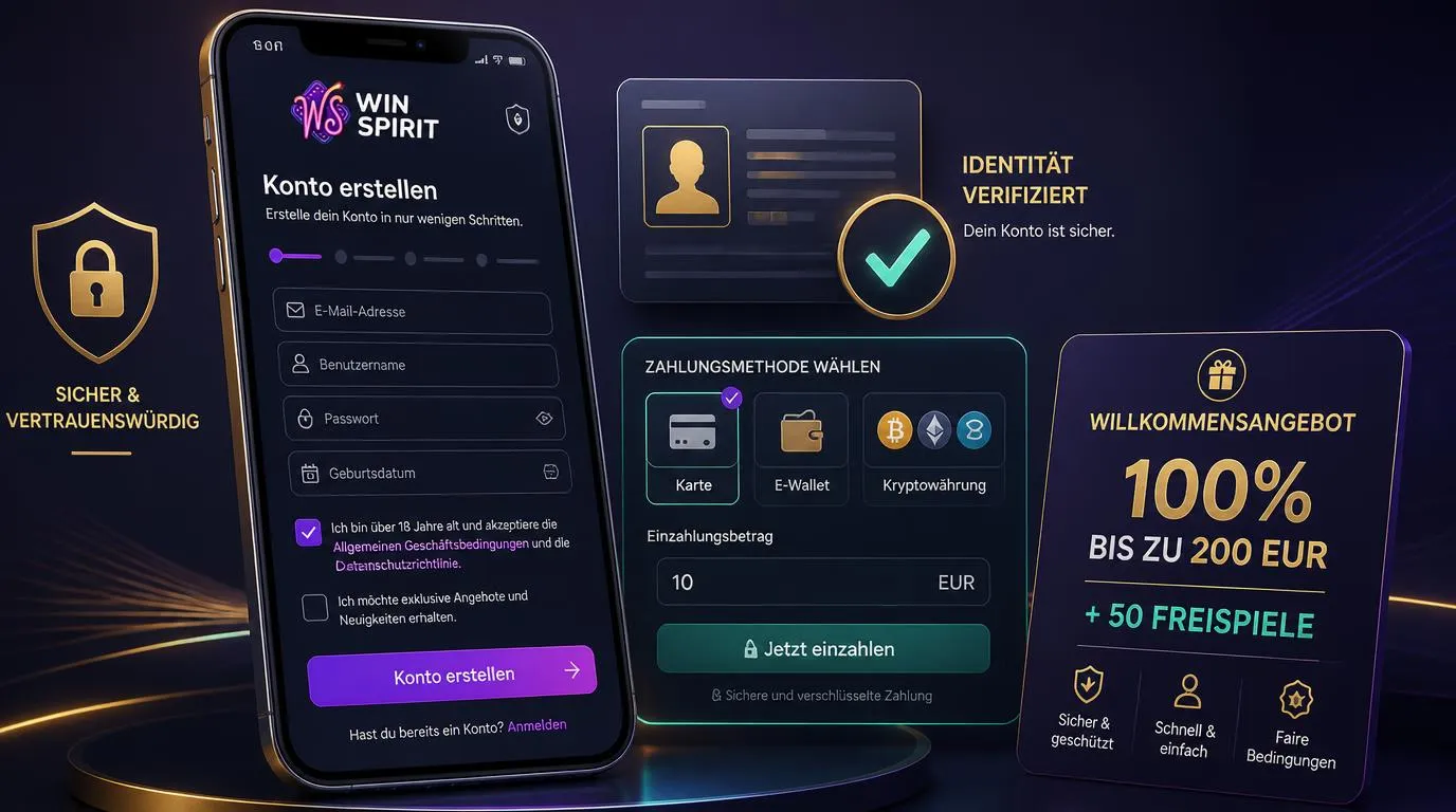 Casino-Kontoeröffnung mit Identitätsprüfung, Zahlungsmethoden und erster Einzahlung auf einem Smartphone